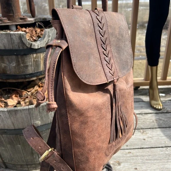 SALE BOHO CHIC Genuine brown buffalo leather bag backpack flap tassel New - Picture 6 of 12